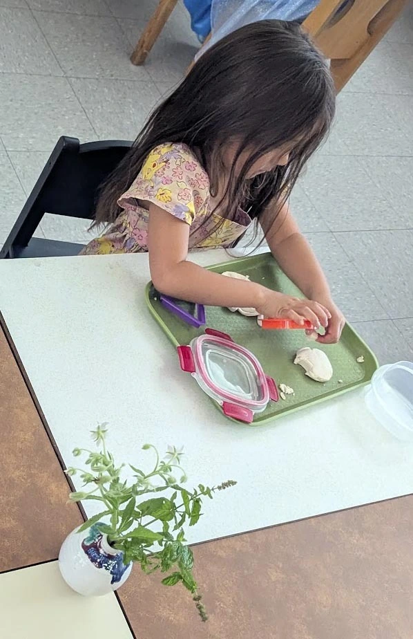Primary student working with play dough at a classroom table